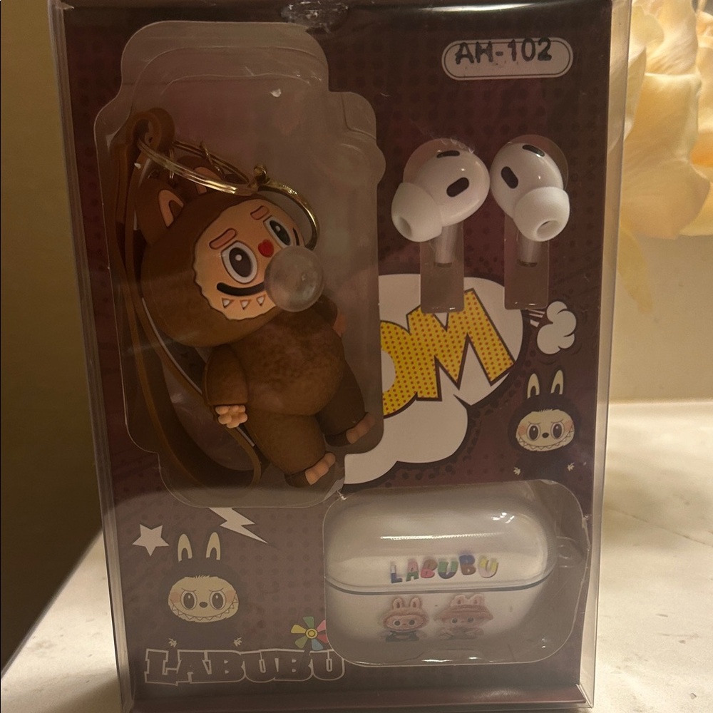 LABUBU White Earbud Headphones with Brown Keychain